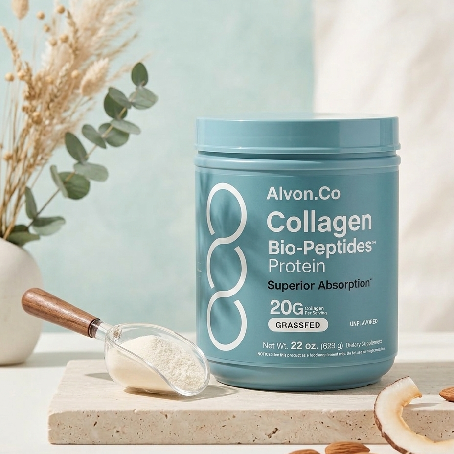 Alvyn Co Collagen Bio-Peptides Protein container with a scoop and ingredients on a light background