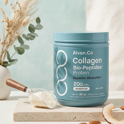 Alvyn Co Collagen Bio-Peptides Protein container with a scoop and ingredients on a light background